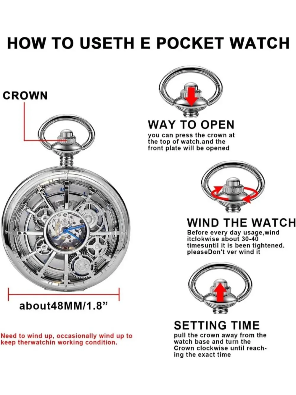 Men's Silver Vintage Style Hollow-Out Round Gear Arabic Mechanical Pocket Watch